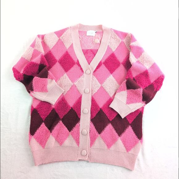 Lush Argyle Coquette Dopamine Button Down Cardigan Sweater Women's Med Oversized - Picture 1 of 9